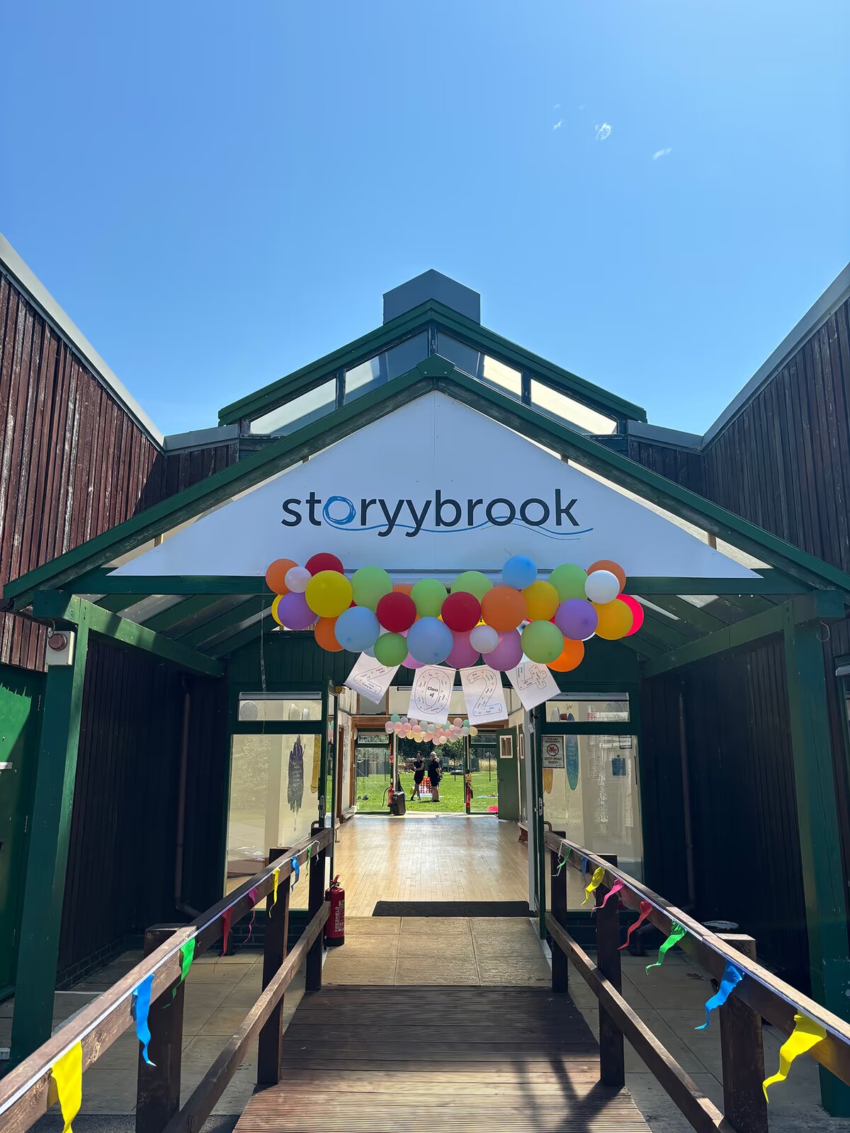 The Storyybrook School entrance, decorated with balloons
